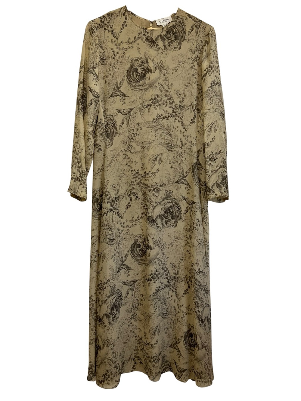 Vtg 90s Calvin Klein Collection Silk Floral Long Sleeve Maxi Dress Tan Size 10